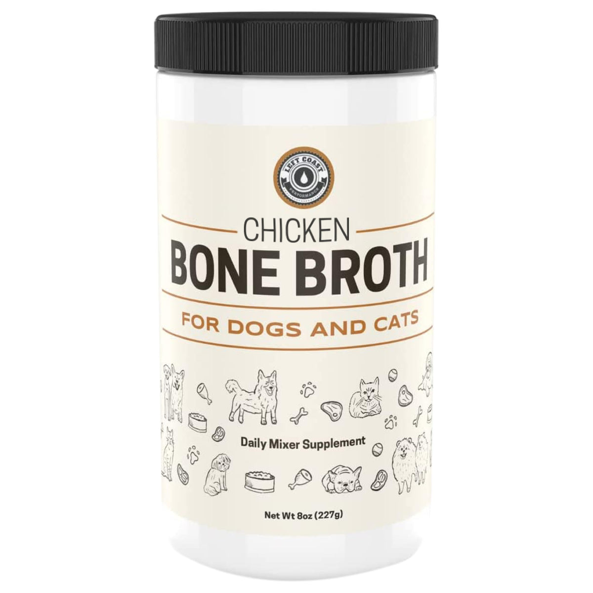 Left Coast Performance bone broth powder bottle entices picky eaters with rich aroma.