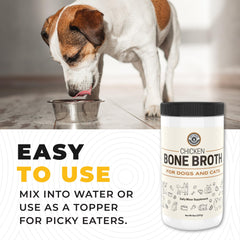 Left Coast Performance bone broth topper on kibble boosts meal appeal for pets.