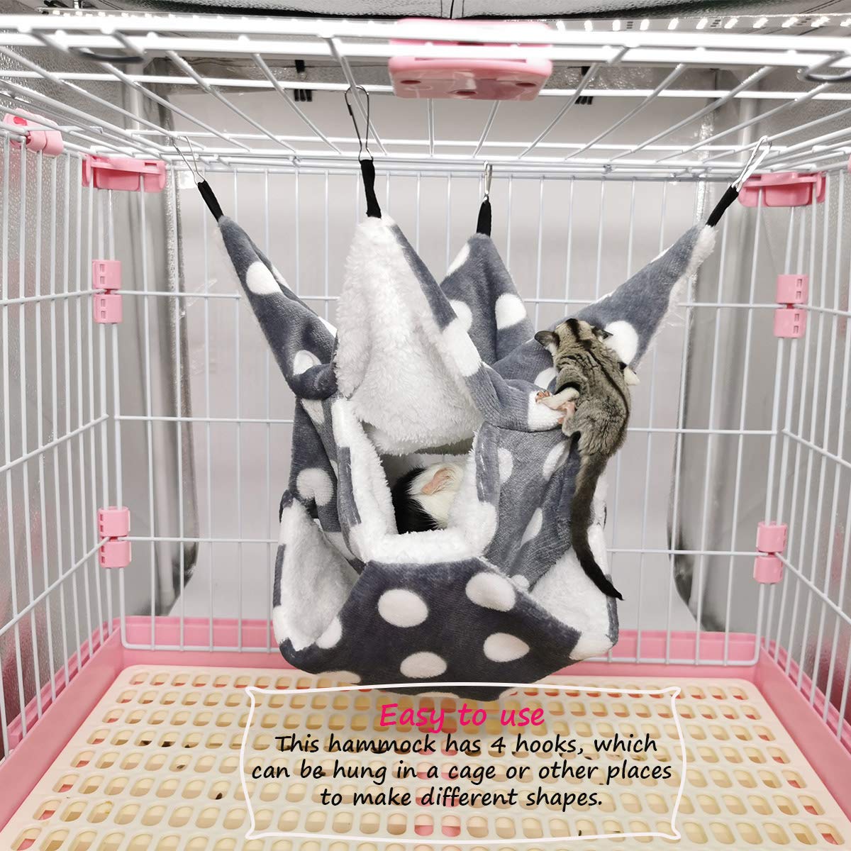 LEFTSTARER rat-ferret-sugar-glider hammock grey in cage demonstrates space-saving design