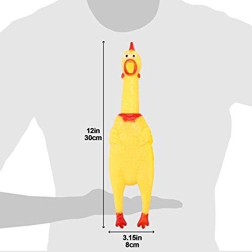 LEGEND SANDY Screaming Chicken dog toy yellow pack-in-use demonstrates interactive play with dogs.