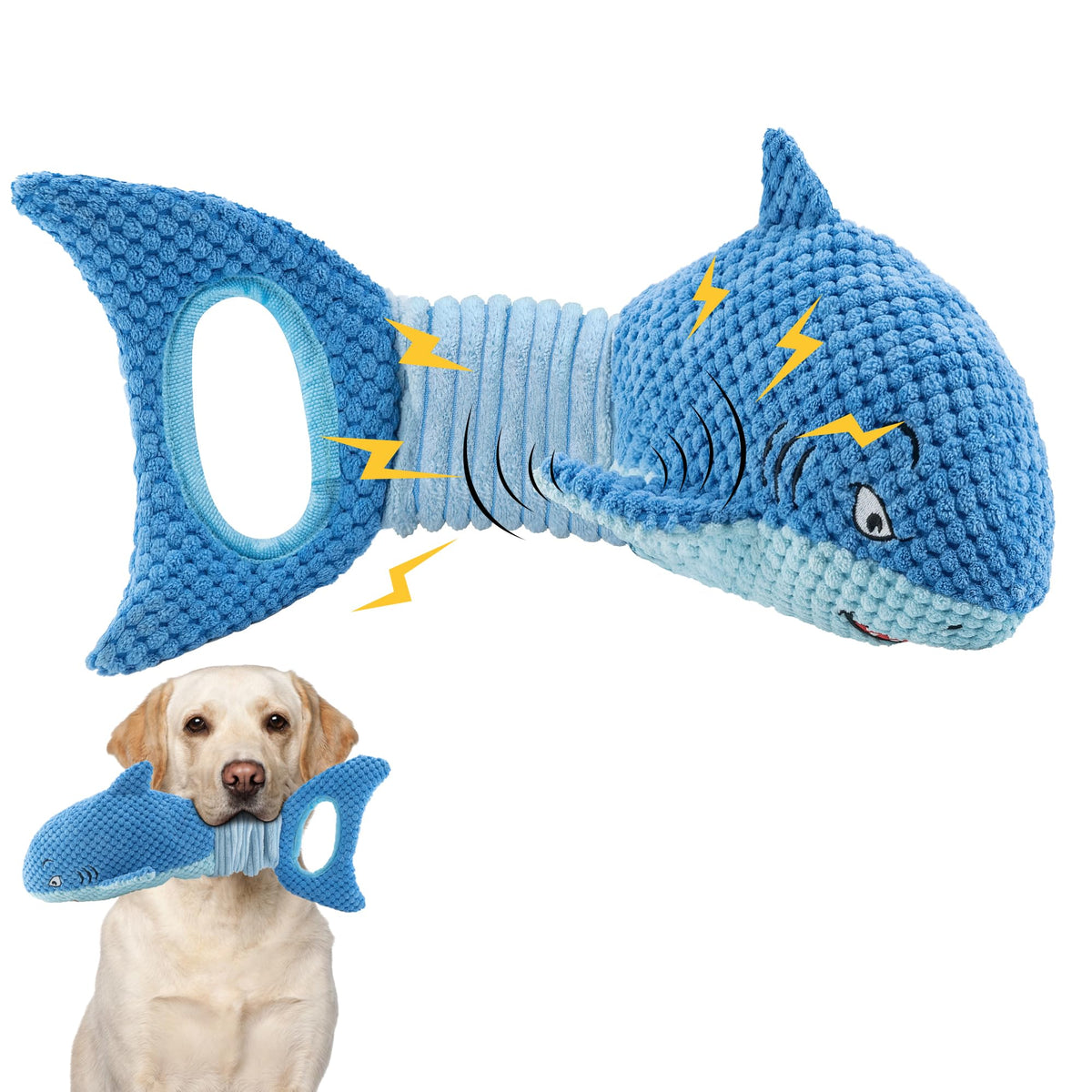 LEGEND SANDY blue shark toy front view with squeaker for interactive play