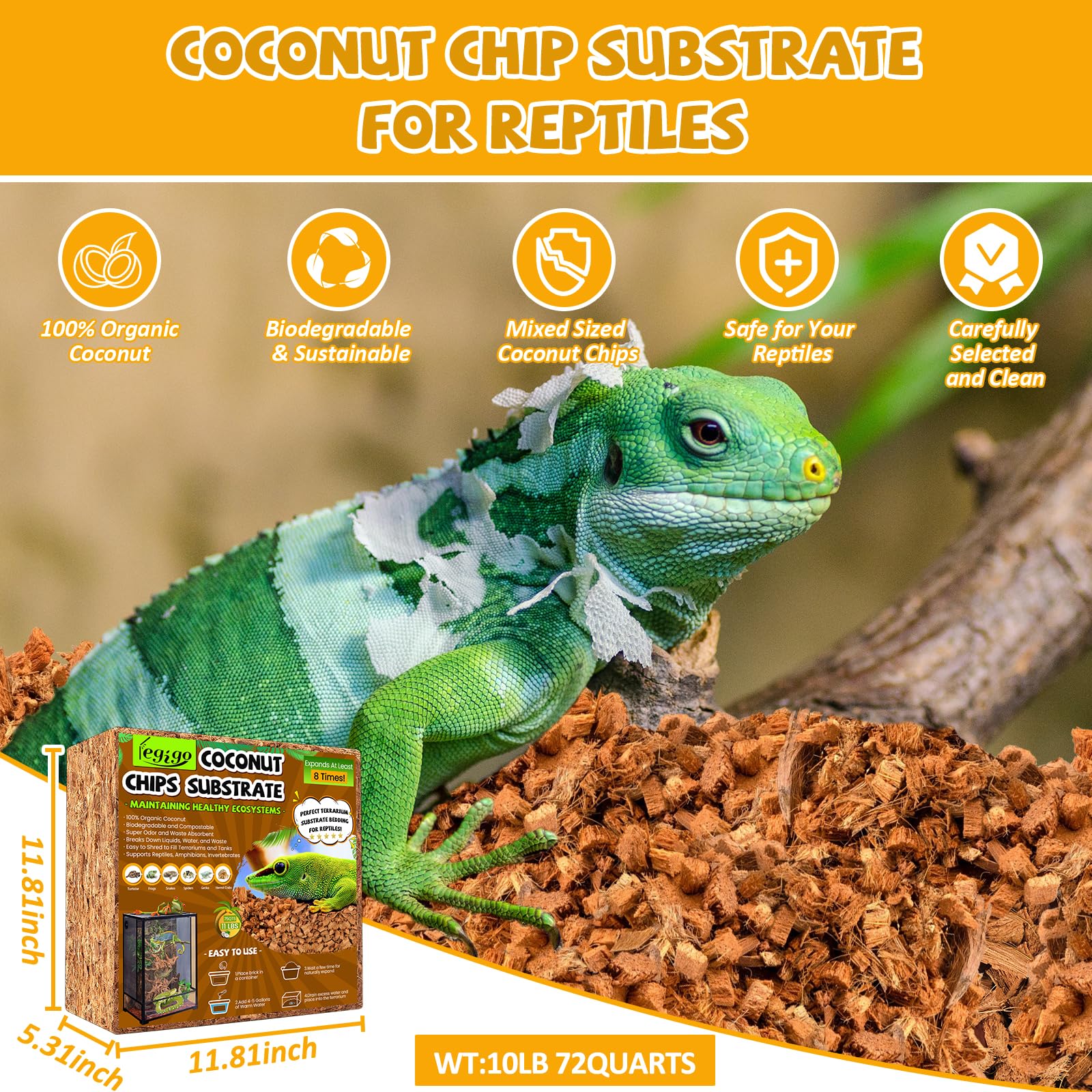 Legigo coconut chip substrate in a reptile enclosure for natural habitat aesthetics.