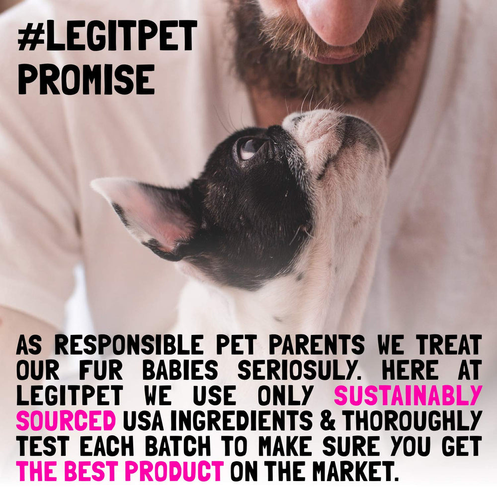 LEGITPET bacon-flavor bottle close-up highlights tasty, easy-to-administer supplement.