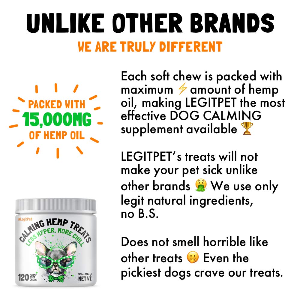 LEGITPET calming treats packaging label highlights quality ingredients for calmer dogs