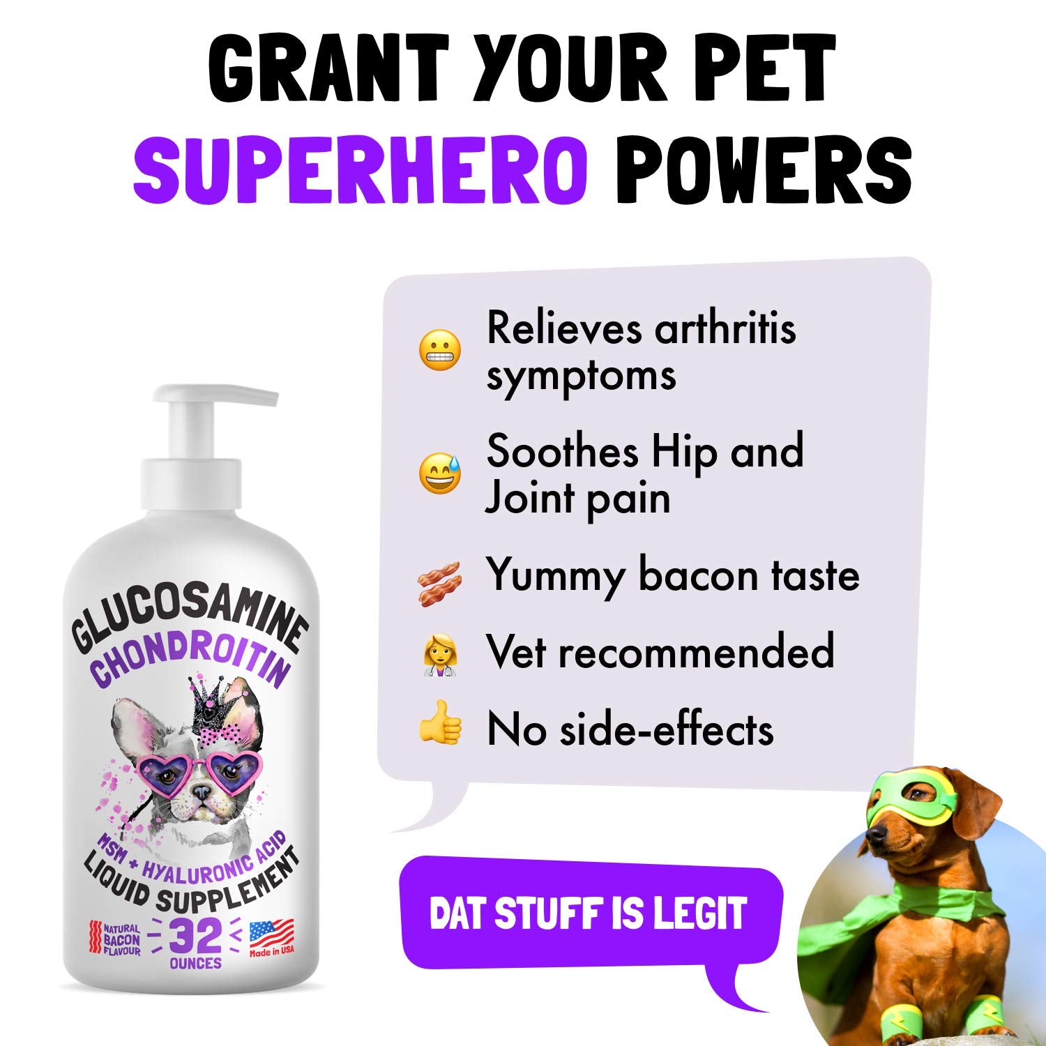 LEGITPET hyaluronic acid anti-aging formula bottle highlights senior pet joint care.