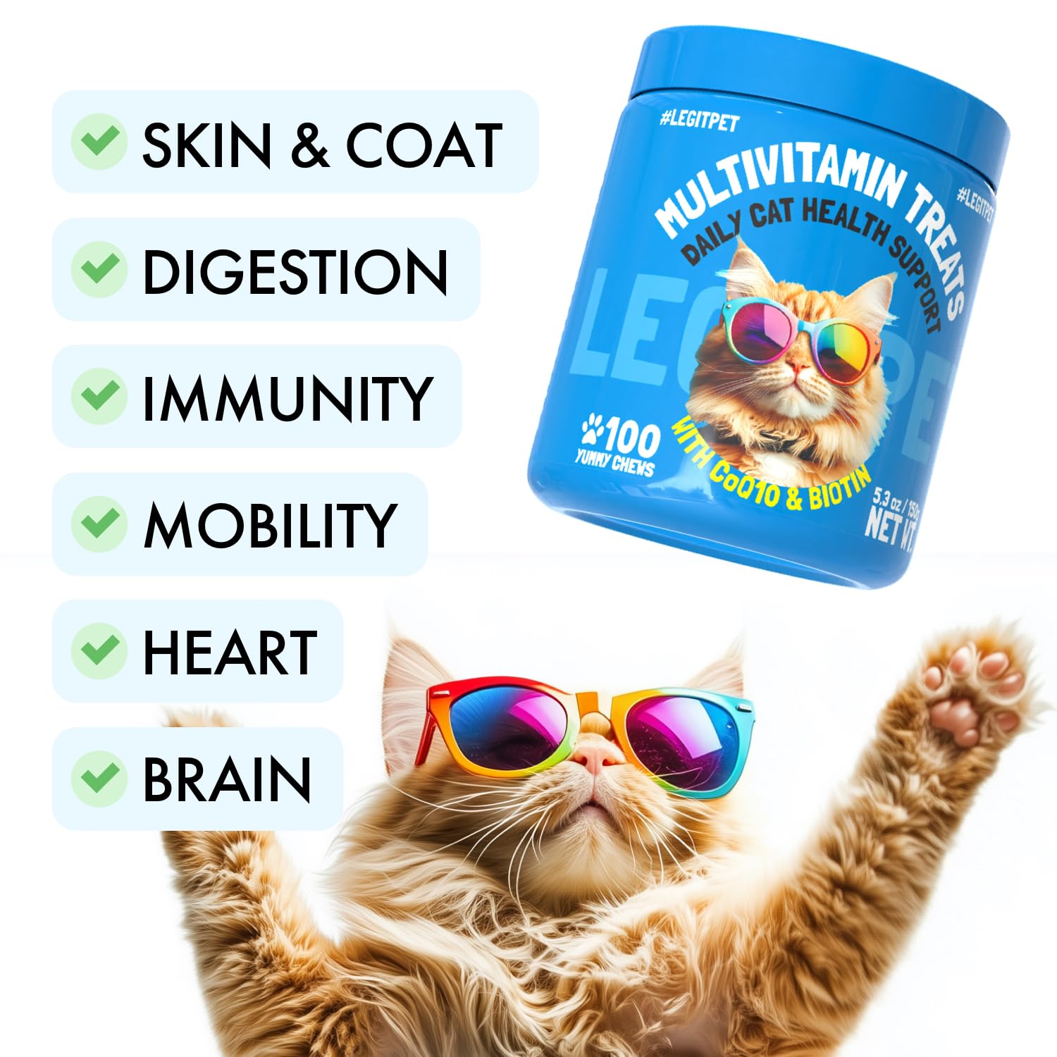 LEGITPET Multivitamin Cat Treats close up shows coat shine benefit