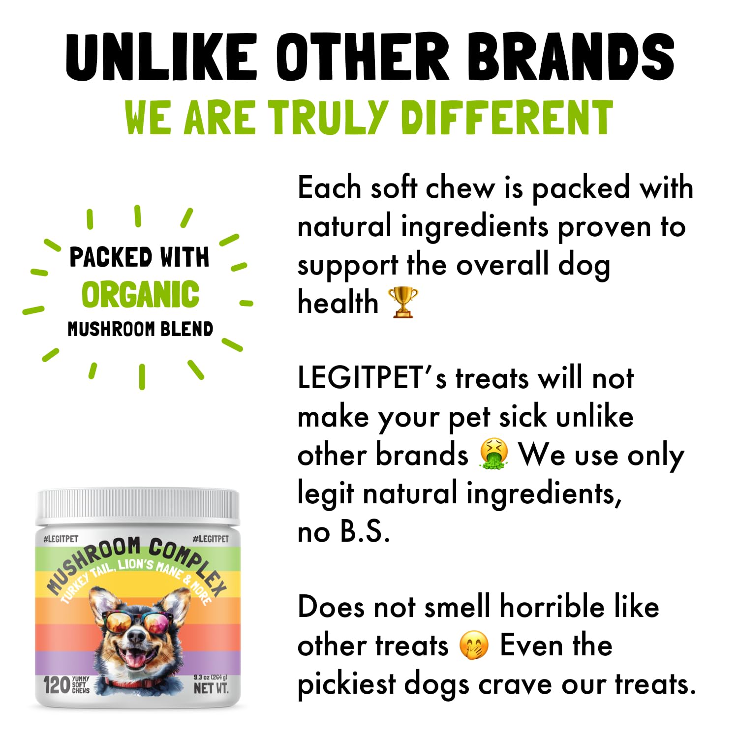 LEGITPET Mushroom Complex Treats digestive health scene with balanced gut support.