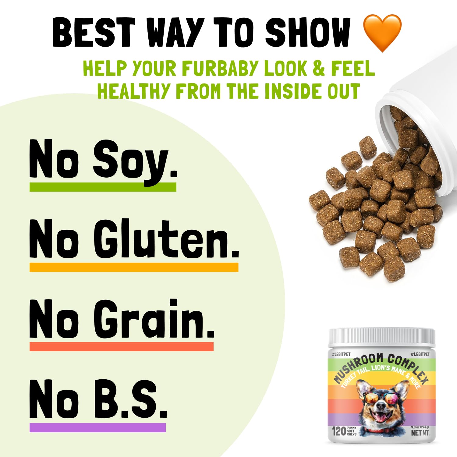 LEGITPET Mushroom Complex Treats natural flavors entice picky dogs.