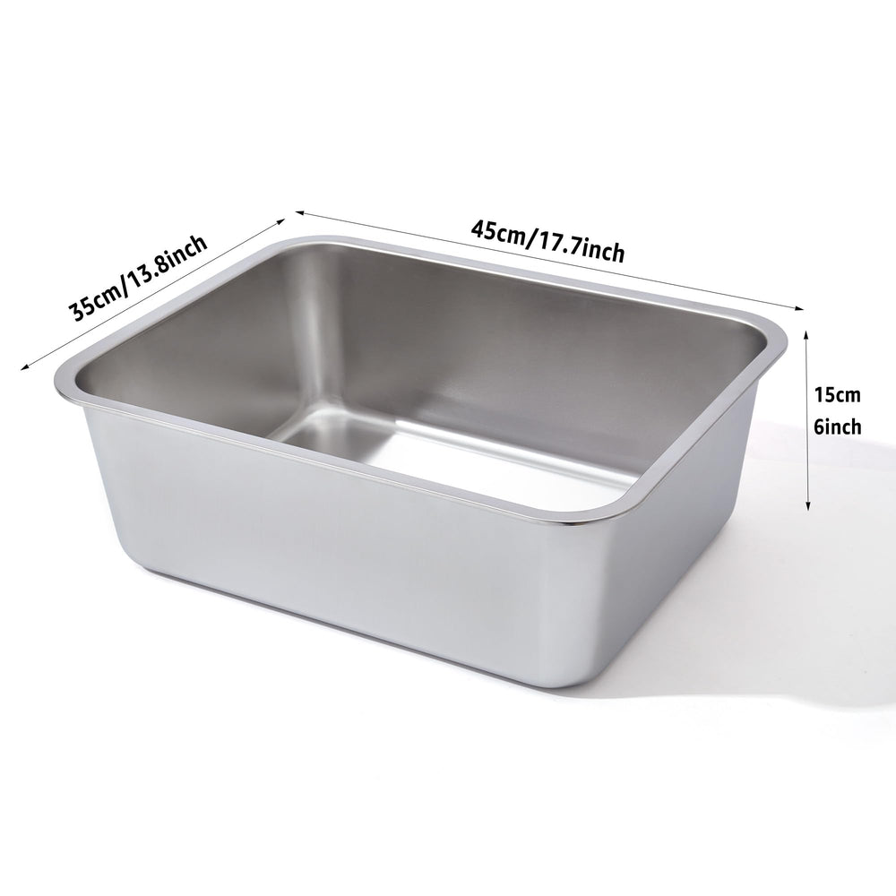 LEGOURNS stainless litter box 2-pack front view with tall sides to reduce litter scatter
