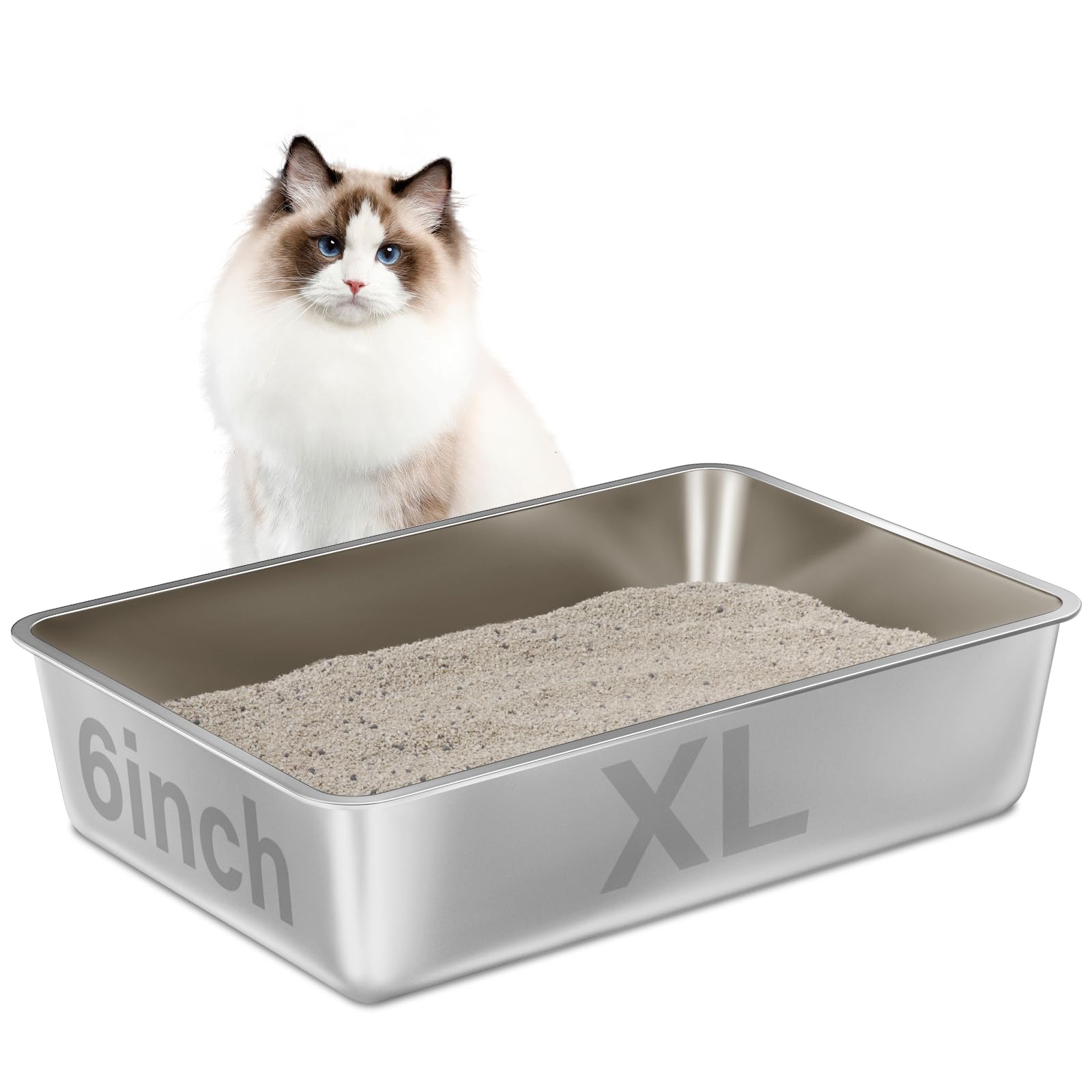 LEGOURNS XL stainless steel litter box front view shows deep high sides for containment