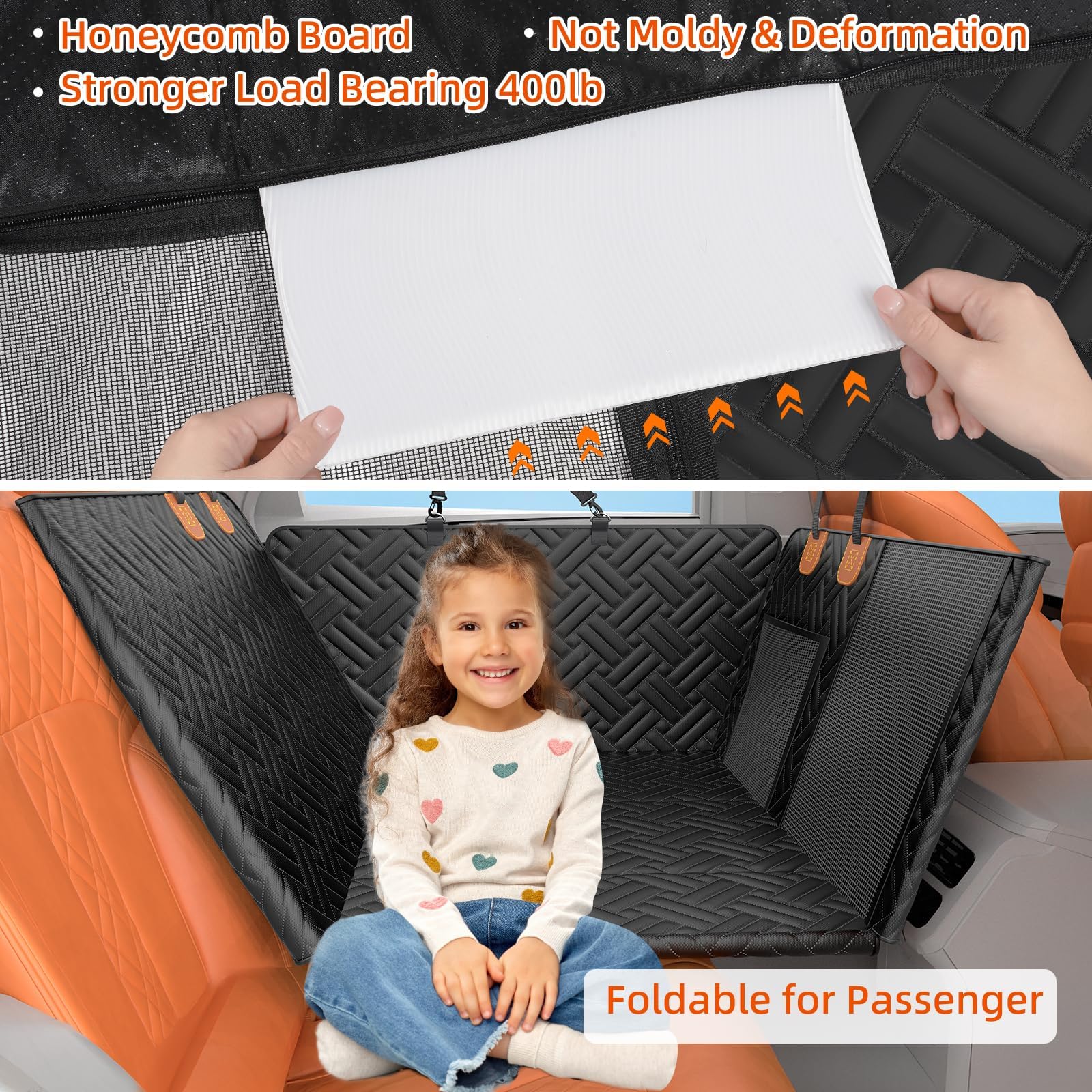 LEHNI back seat extender storage pockets keep toys and treats within reach.