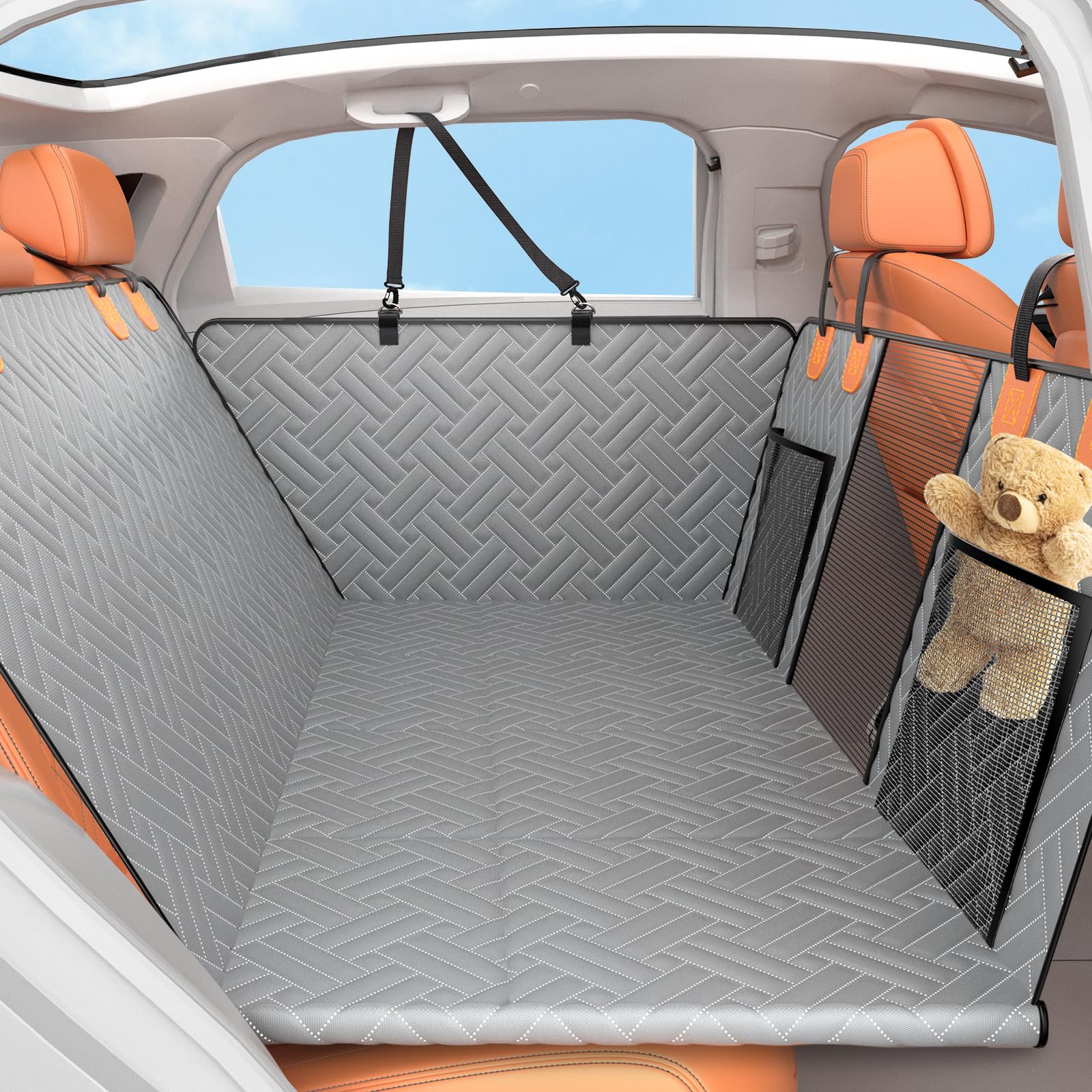 LEHNI backseat extender full-coverage hammock for dogs provides spacious comfort on long trips.