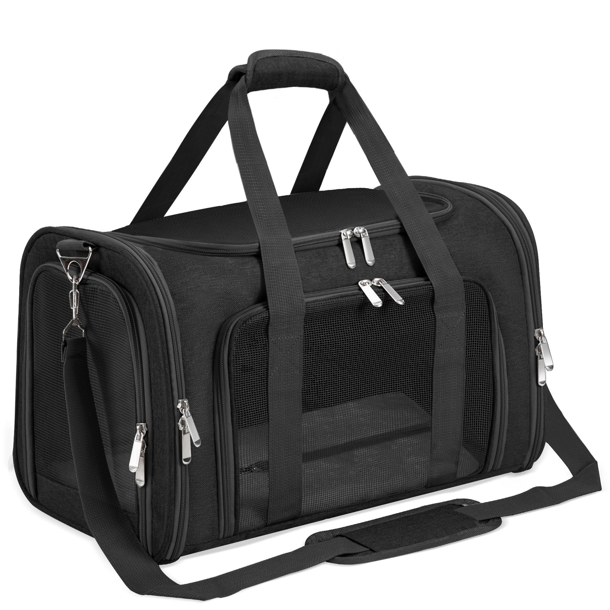 LEHNI soft-sided pet carrier front entrance with four mesh panels for airflow and visibility.