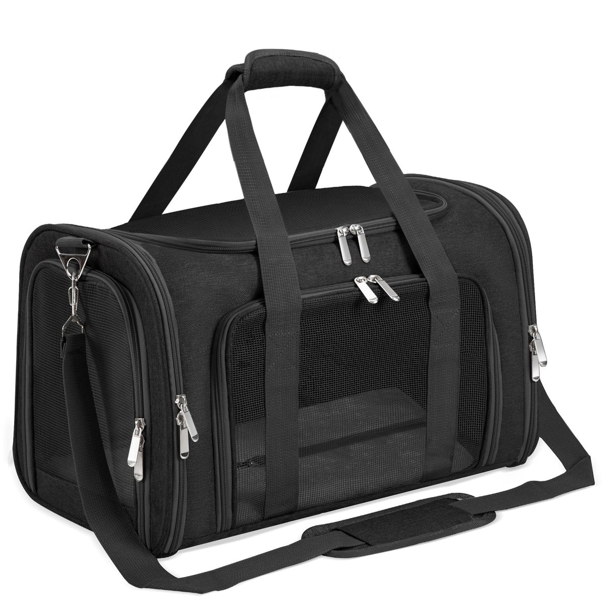 LEHNI soft-sided pet carrier front entrance with four mesh panels for airflow and visibility.