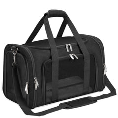 LEHNI soft-sided pet carrier front entrance with four mesh panels for airflow and visibility.