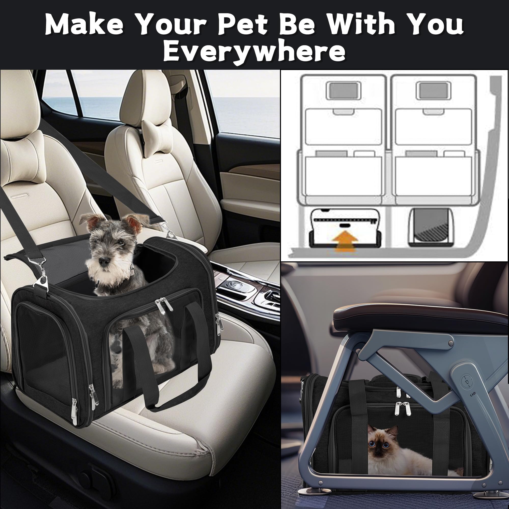 LEHNI front-pocket detail highlights convenient storage for toys and treats during travel.