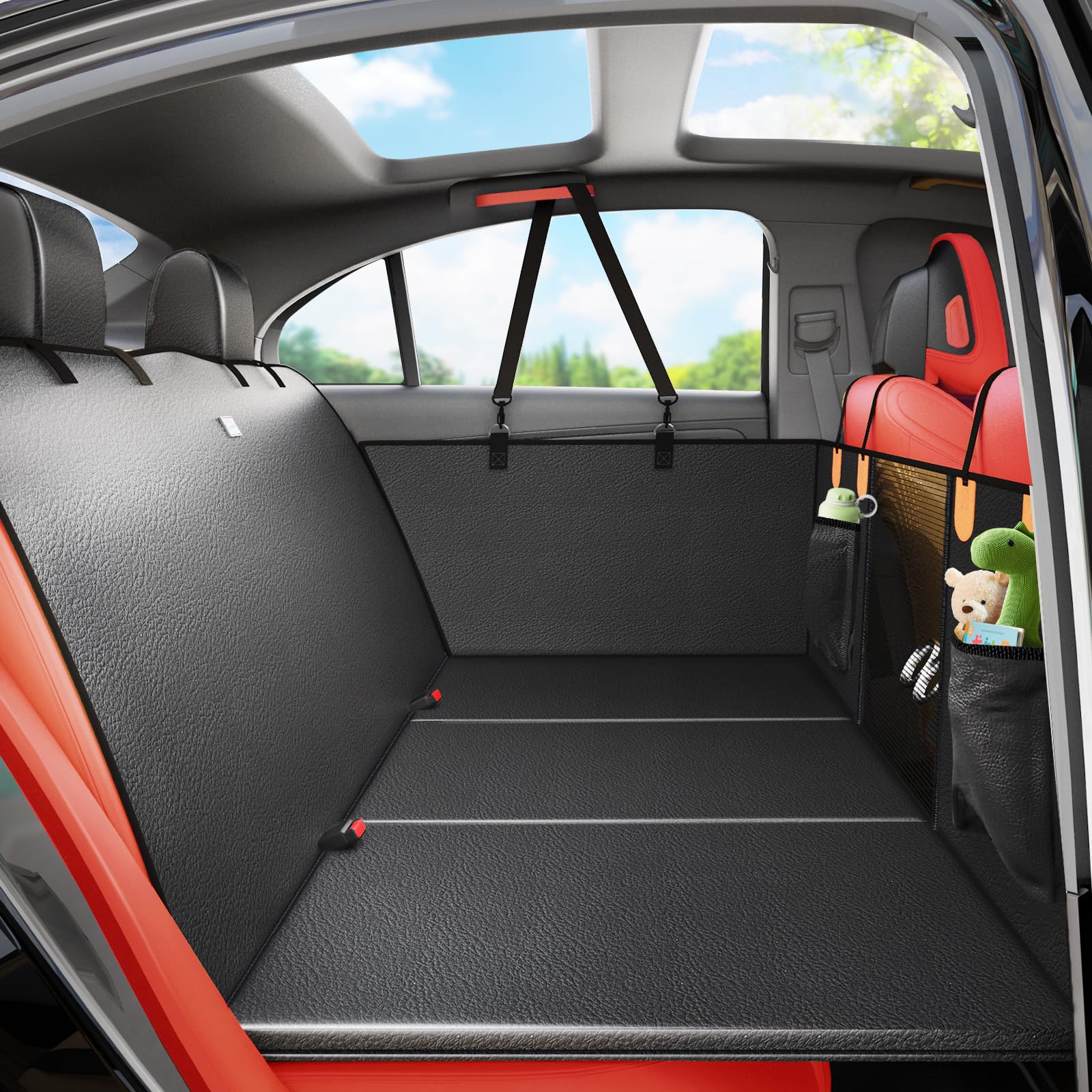 LeHuski dog car seat cover with hard bottom extends back seat space for bigger pets
