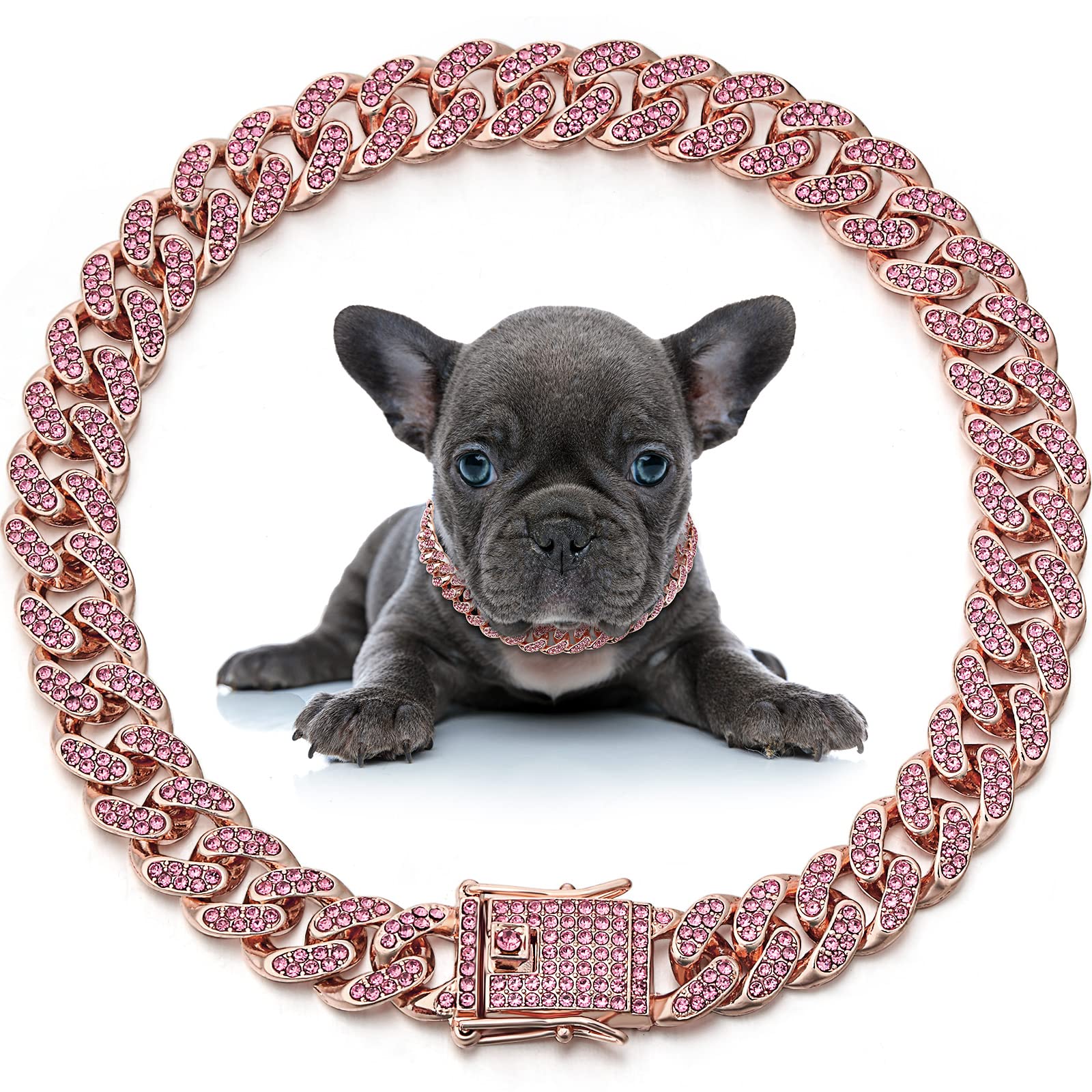 LEIFIDE diamond link collar front view with rose gold pink sparkle for everyday glamour