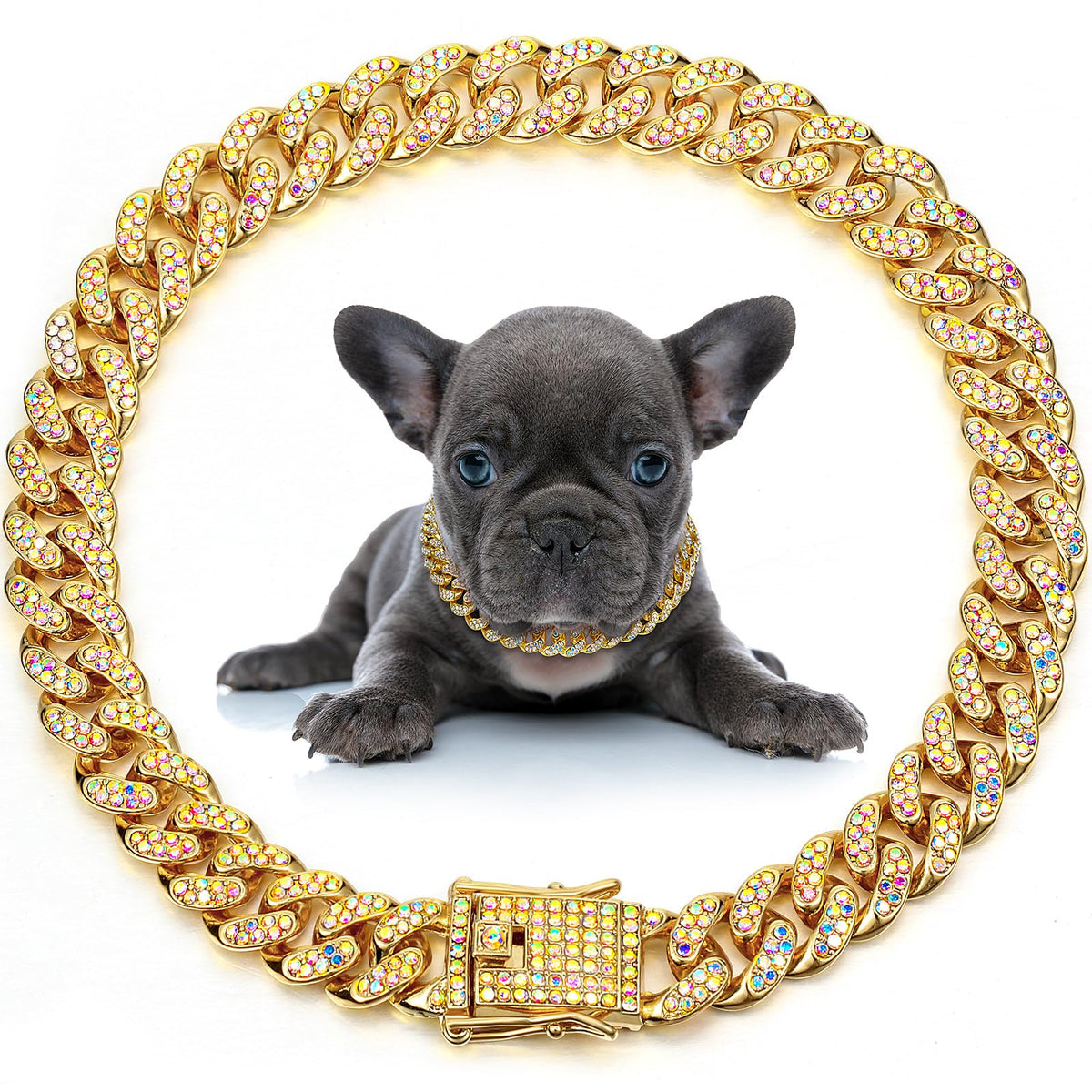 LEIFIDE dog chain collar with diamonds in gold offers stylish daily wear.