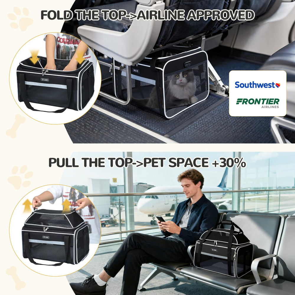 Lekereise airline-approved underseat pet carrier keeps small cats and dogs comfortable during cabin travel.