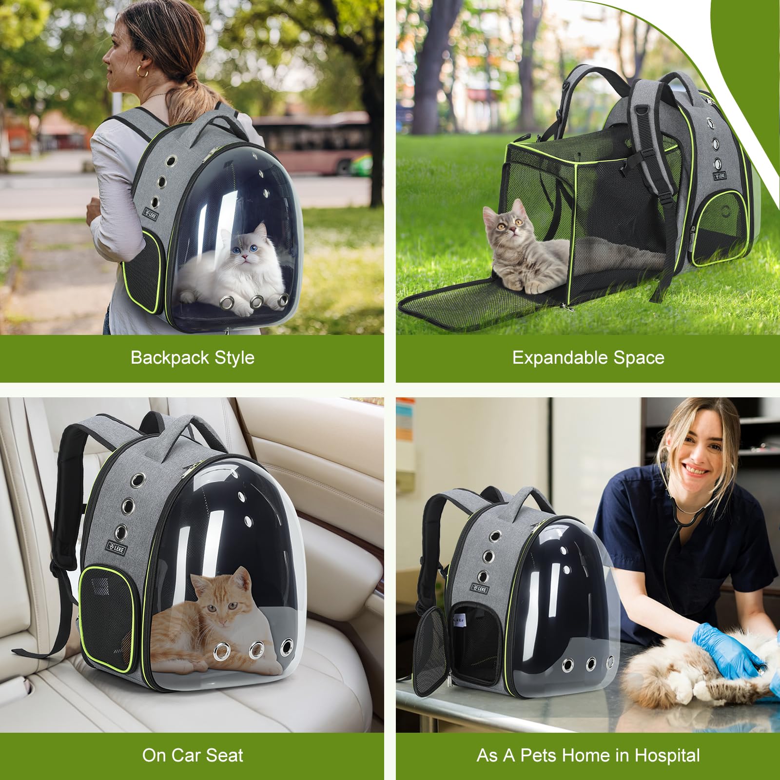 Lekereise Cat Backpack Carrier size and weight capacity with measurements.