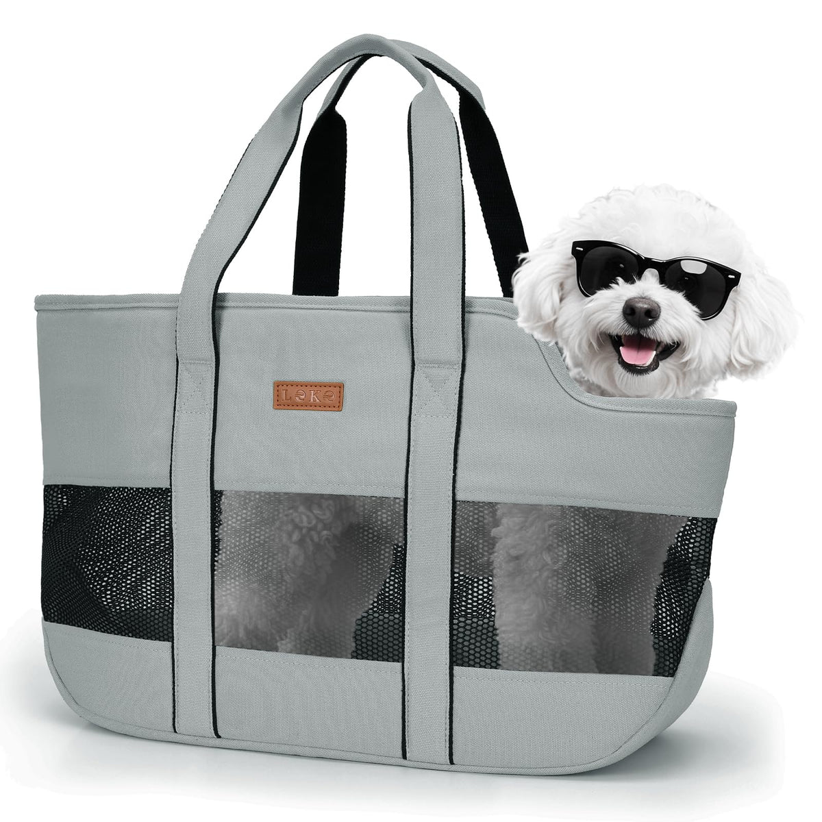 Lekereise dog purse gray top view showing stylish outdoor carrier for small pets