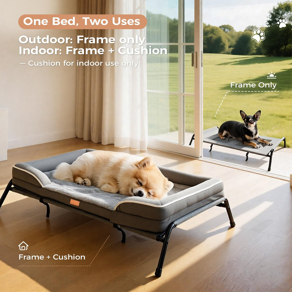 Lekereise raised dog bed side profile highlights sturdy iron frame construction