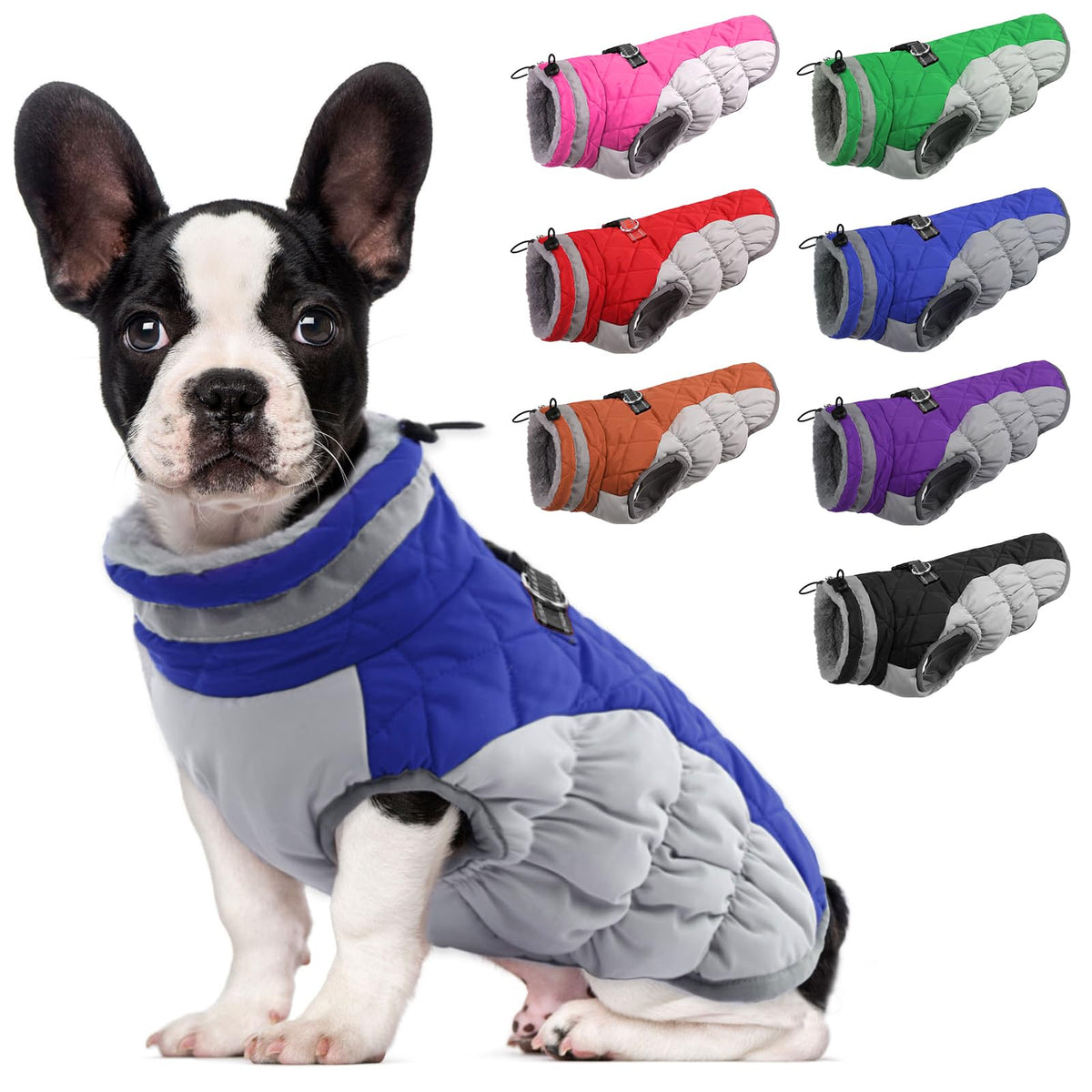 LeLePet dog coat front view showing waterproof exterior and plush fleece lining for warmth