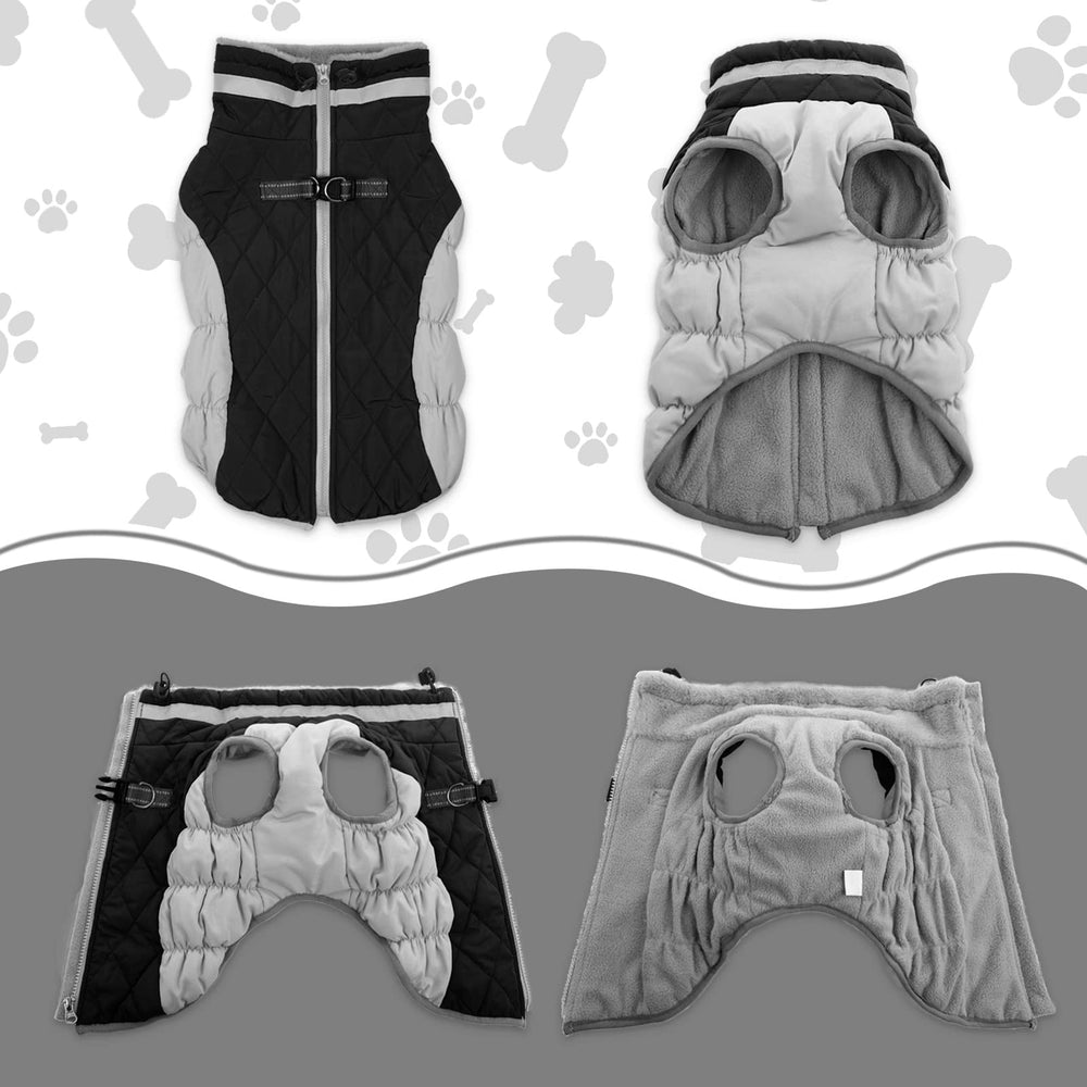 LeLePet coat with built-in harness provides leash-ready convenience.