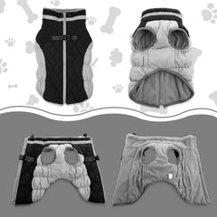 LeLePet coat with built-in harness provides leash-ready convenience.