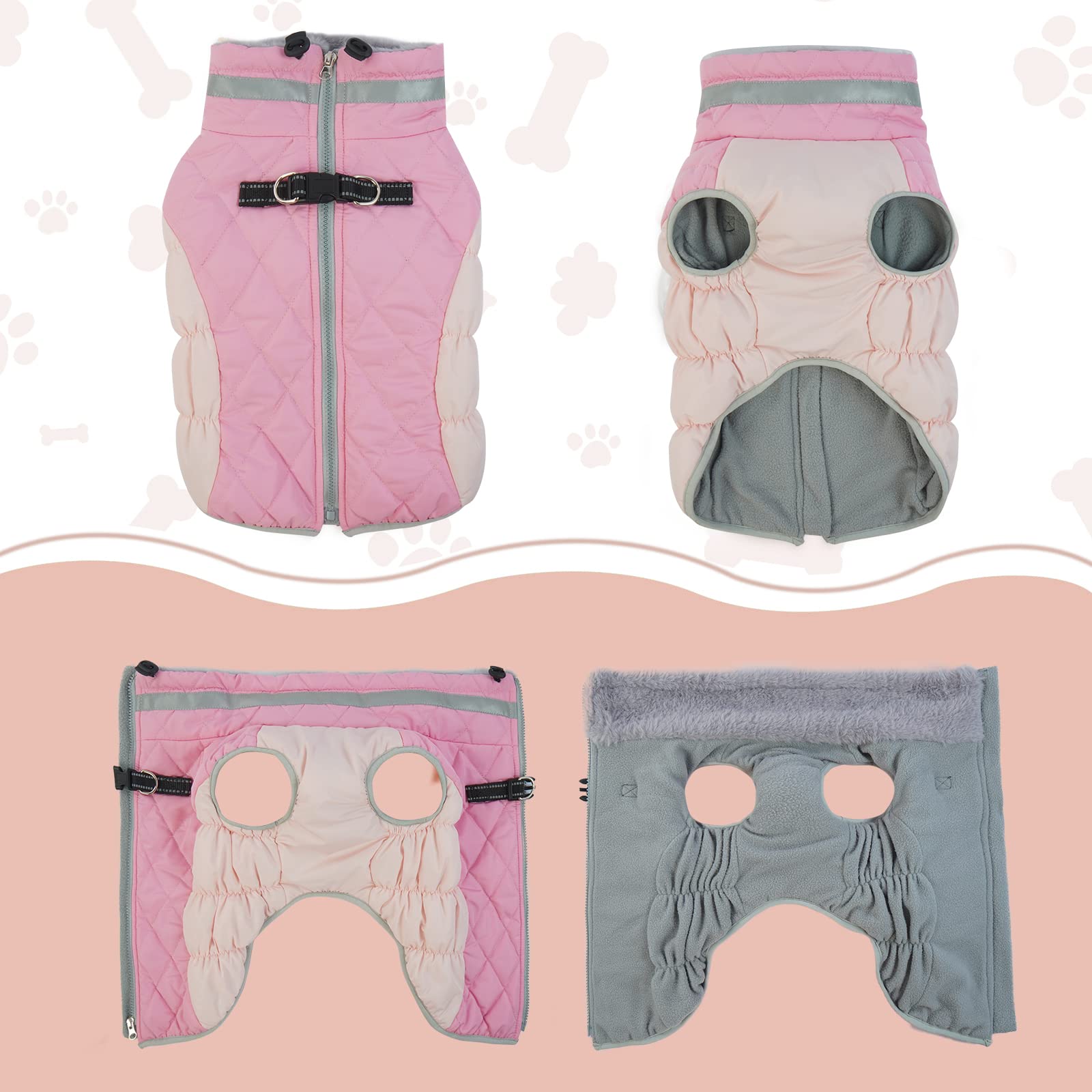 LeLePet reflective strip neckline pink coat for night safety