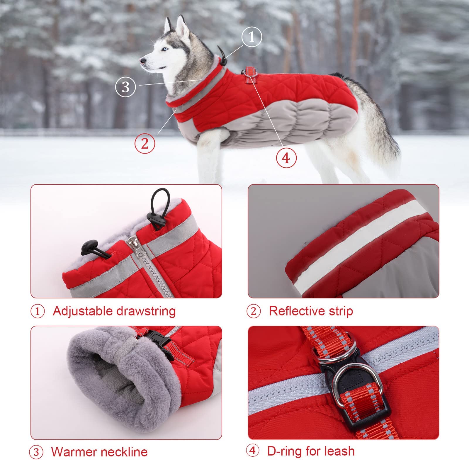 LeLePet coat shows reflective strip for nighttime visibility and safety.