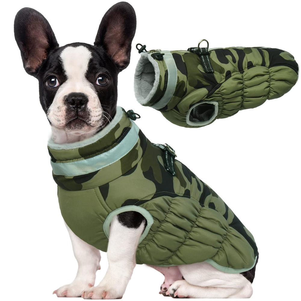 LeLePet dog coat winter front view shows waterproof shell with built-in harness for easy walks.