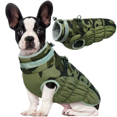 LeLePet dog coat winter front view shows waterproof shell with built-in harness for easy walks.
