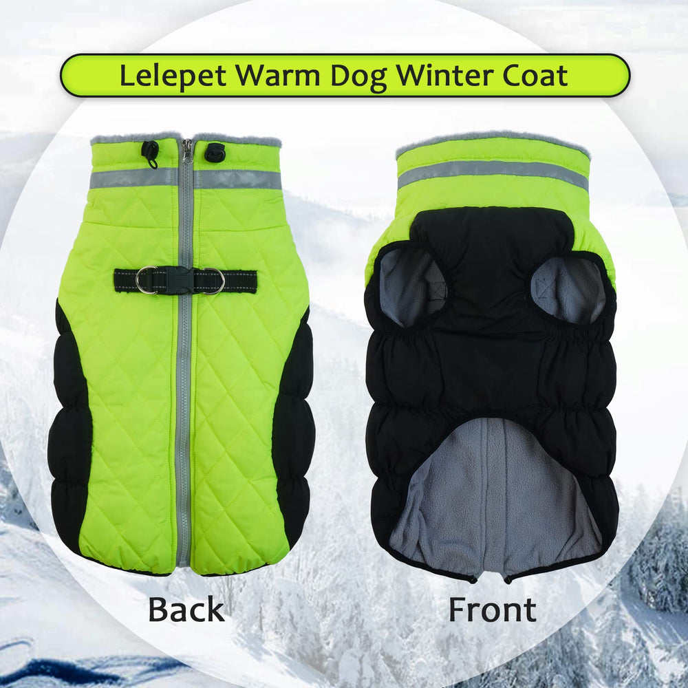 LeLePet dog coat side view demonstrates waterproof shell for snowy days and rain protection.