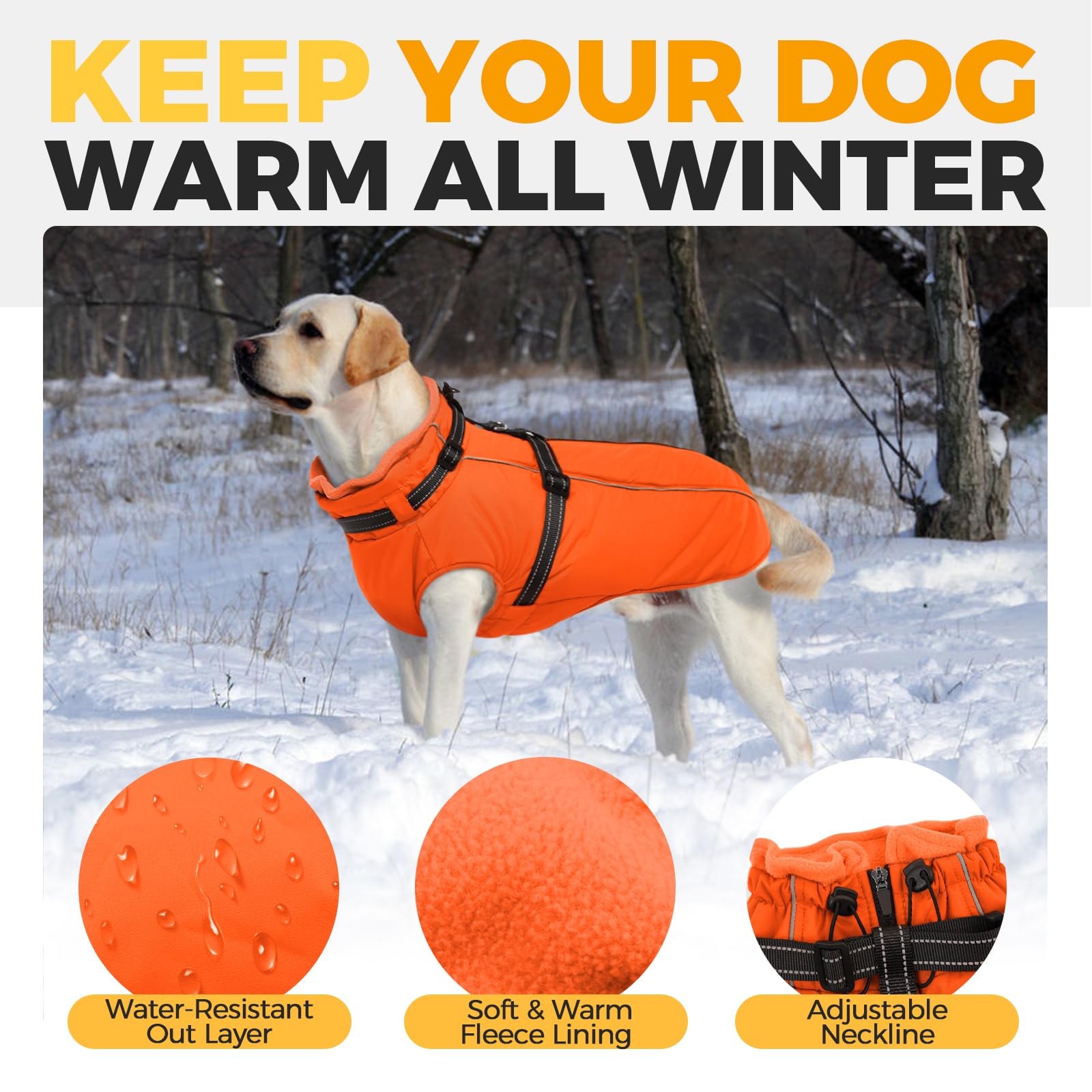 LelePet dog winter coat orange windproof outer shell protects against chilly gusts
