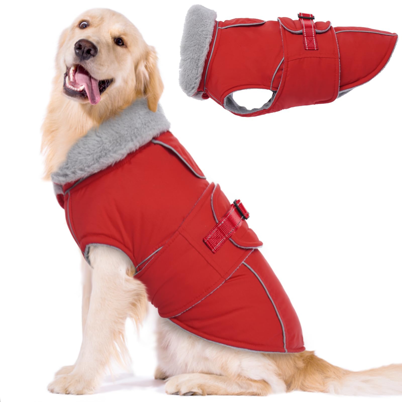 LeLePet Warm Dog Coat front view in red, highlighting secure fit and visibility