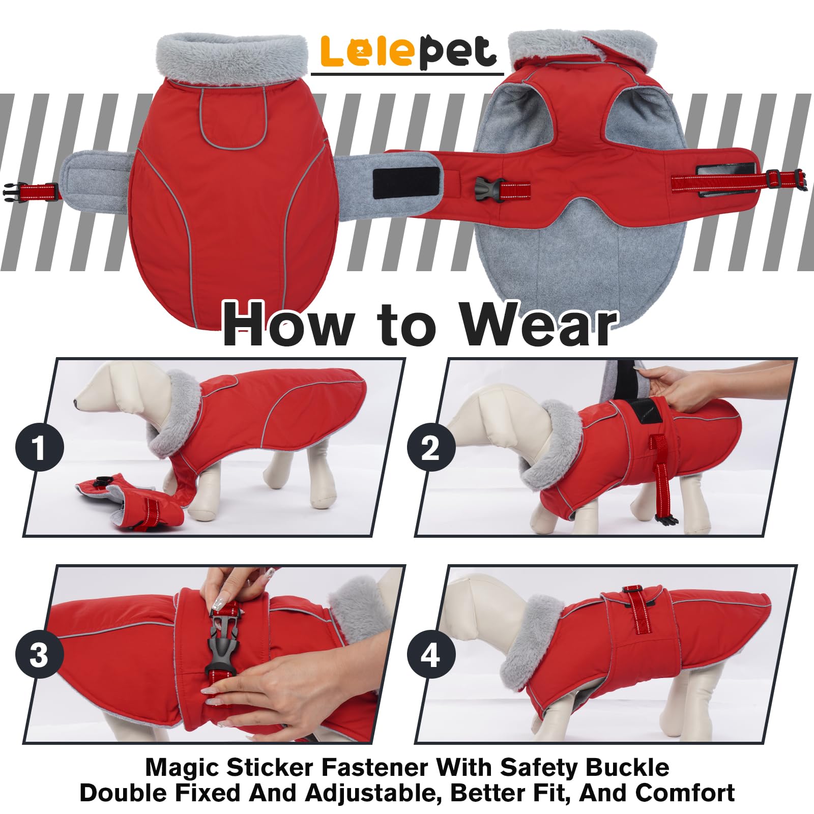 LeLePet Warm Dog Coat reflective strip for nighttime visibility