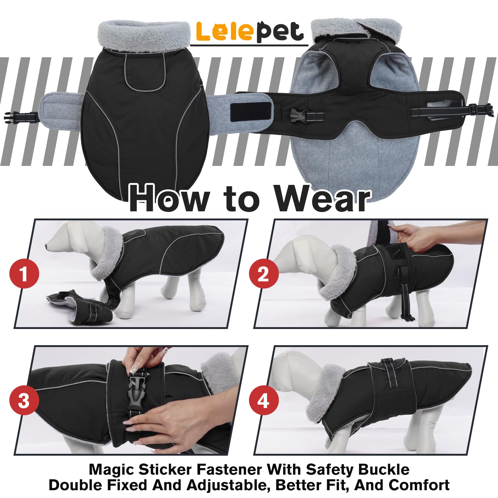 LeLePet Warm Dog Coat adjustable buckle ensures secure fit.