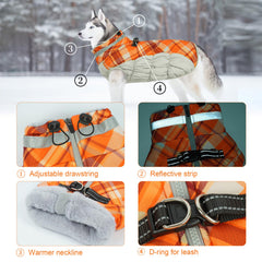 LeLePet warm dog winter coat back view highlighting harness compatibility.