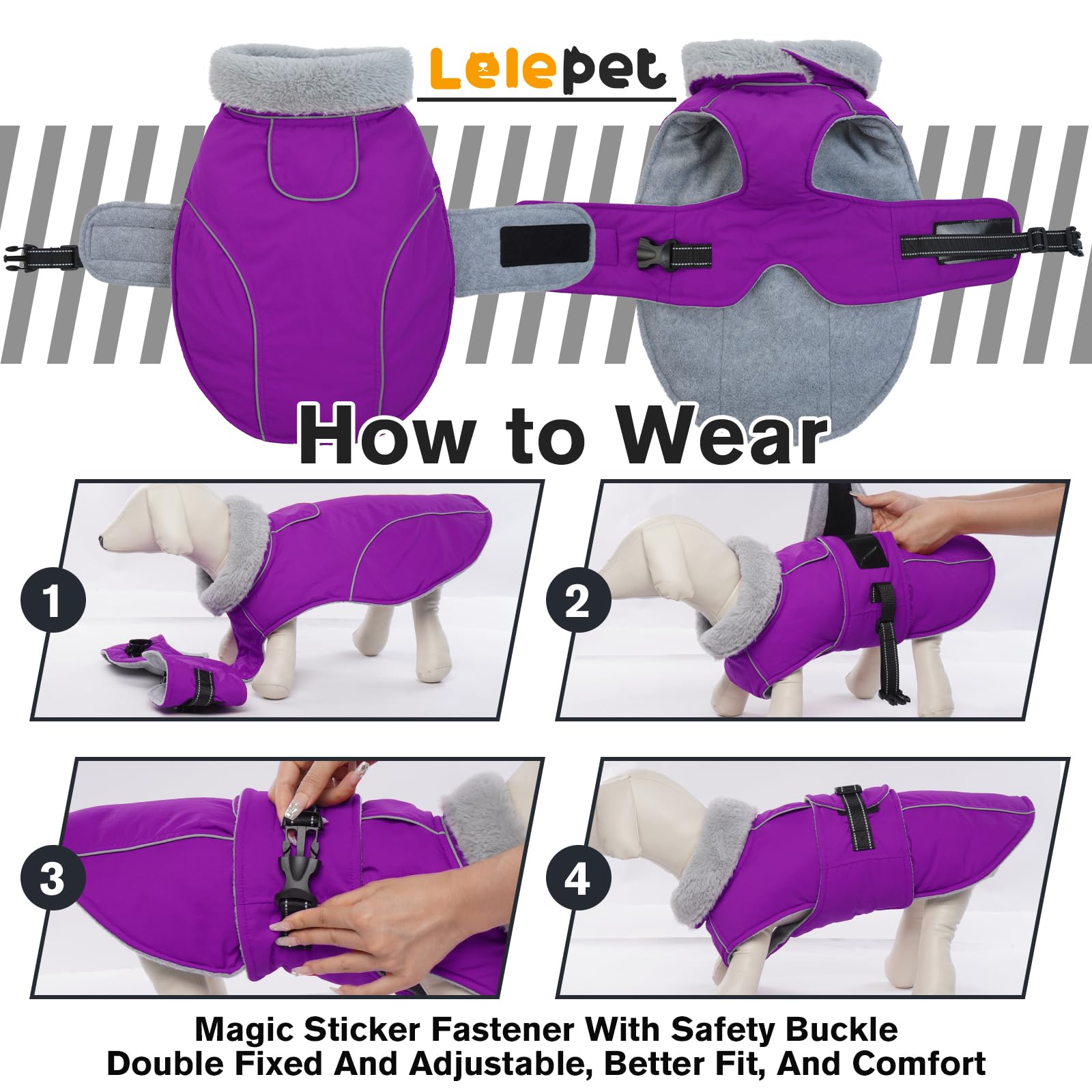 Lelepet warm dog winter coat leash hole enables easy walks.