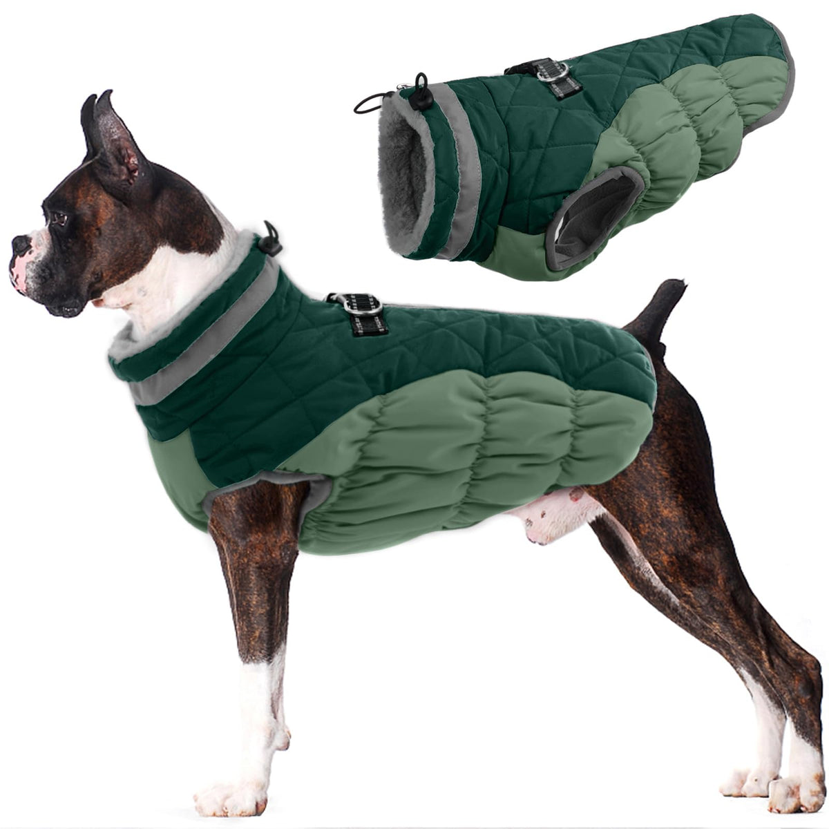 LeLePet warm dog winter coat teal green L front view, waterproof for outdoor walks.