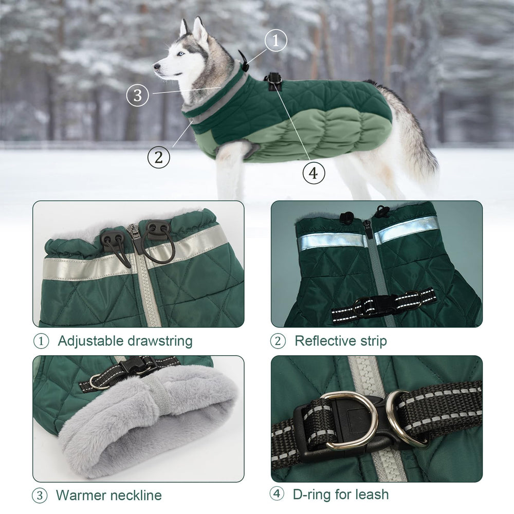 LeLePet warm dog coat back view—secure back zipper for hair-friendly fit