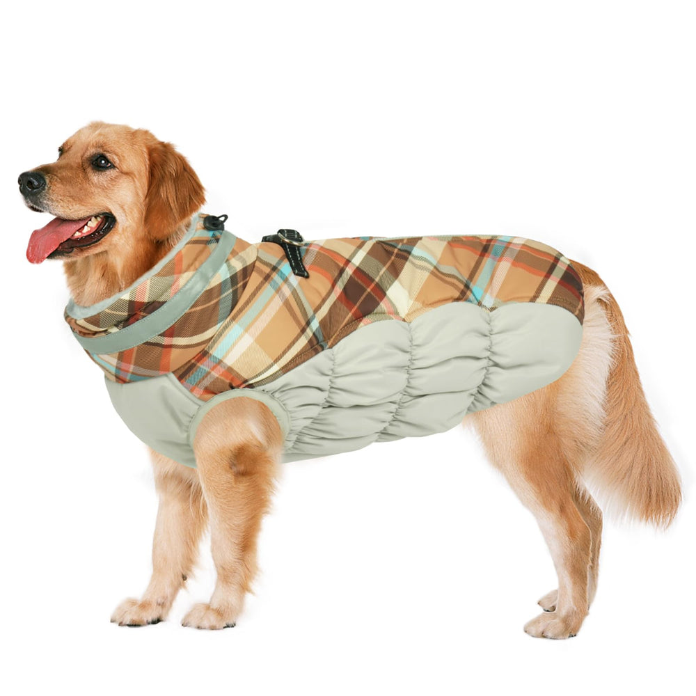 LeLePet warm dog winter coat in brown plaid keeps large dogs cozy during chilly walks