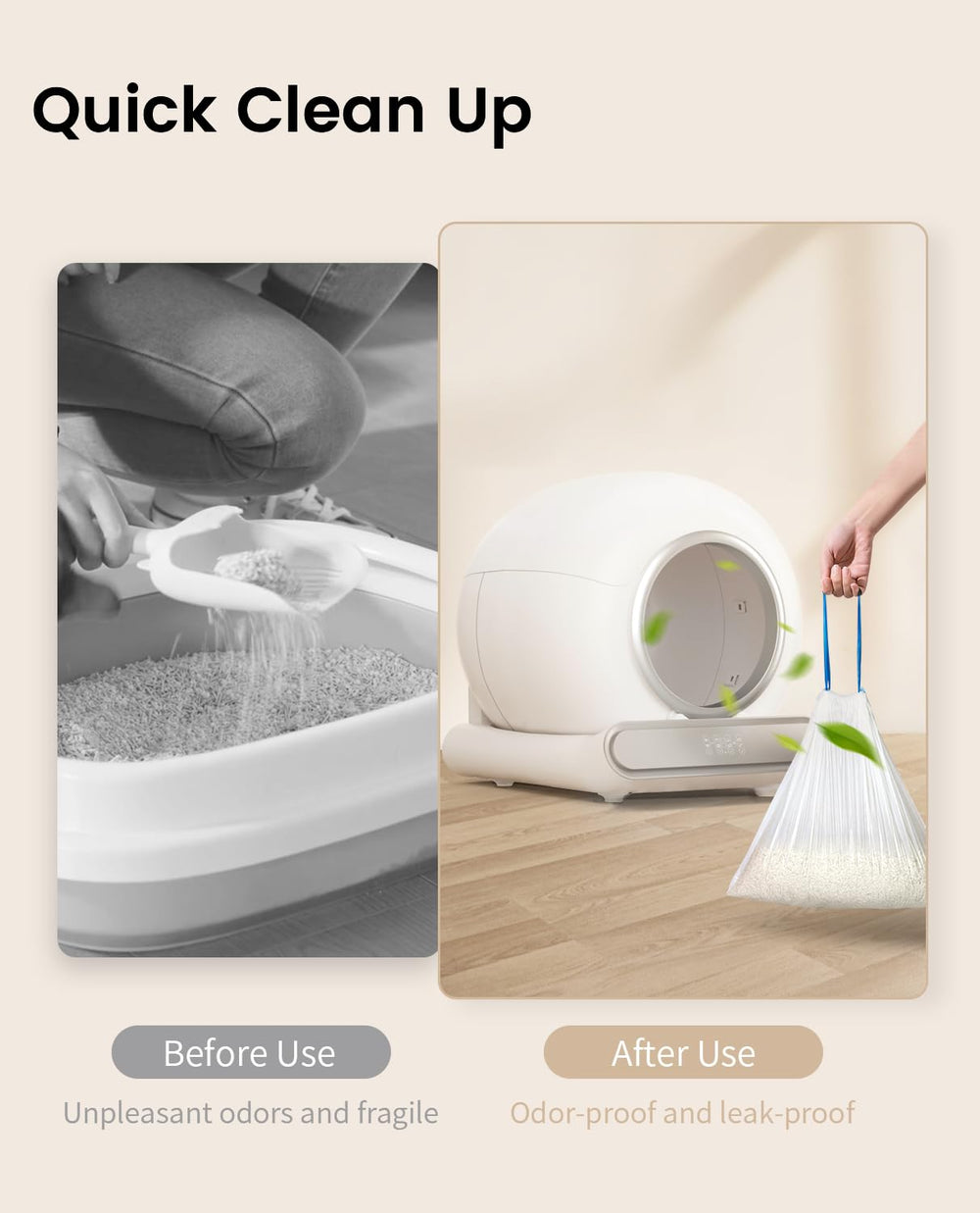 LELO ELVES in-use setup in automatic litter box demonstrates tidy disposal
