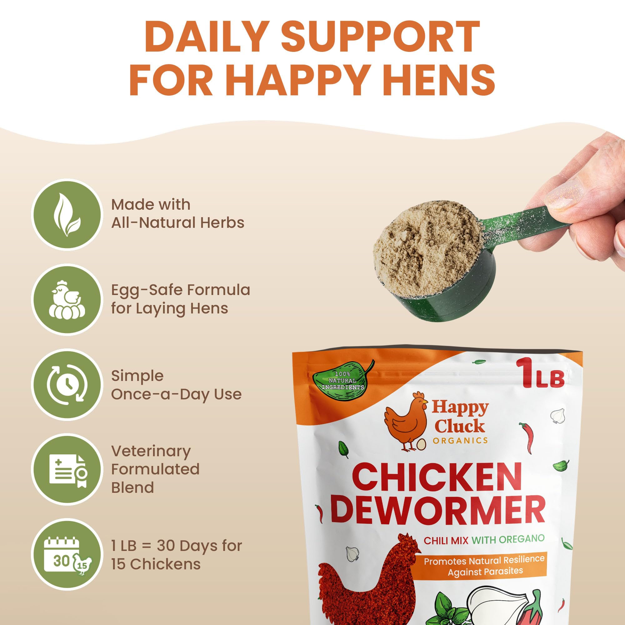 Lemant chicken dewormer chili mix scoop shows easy daily measurement for flock care.