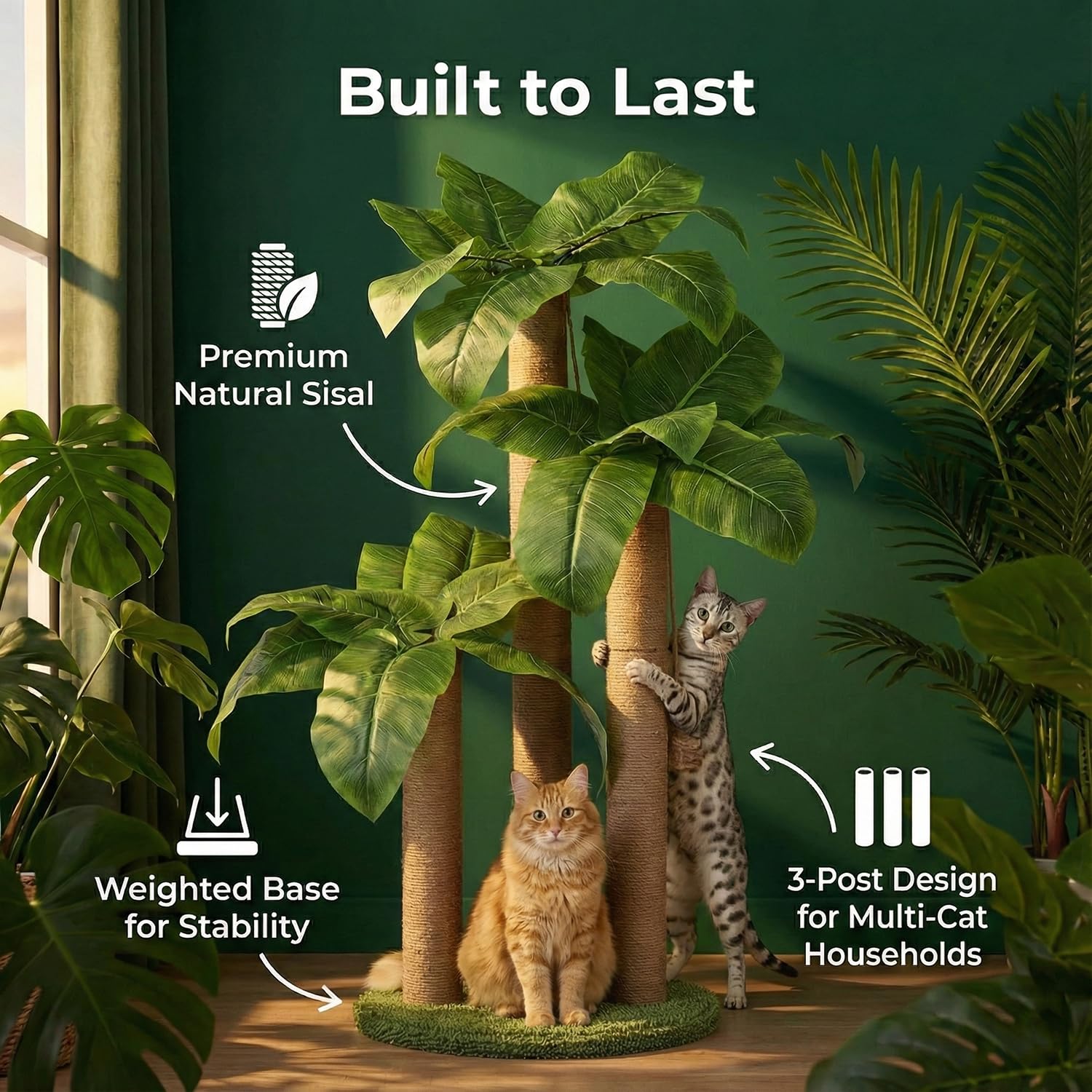 LEMONDA cat scratching tree with two dangling balls for interactive play and exercise.