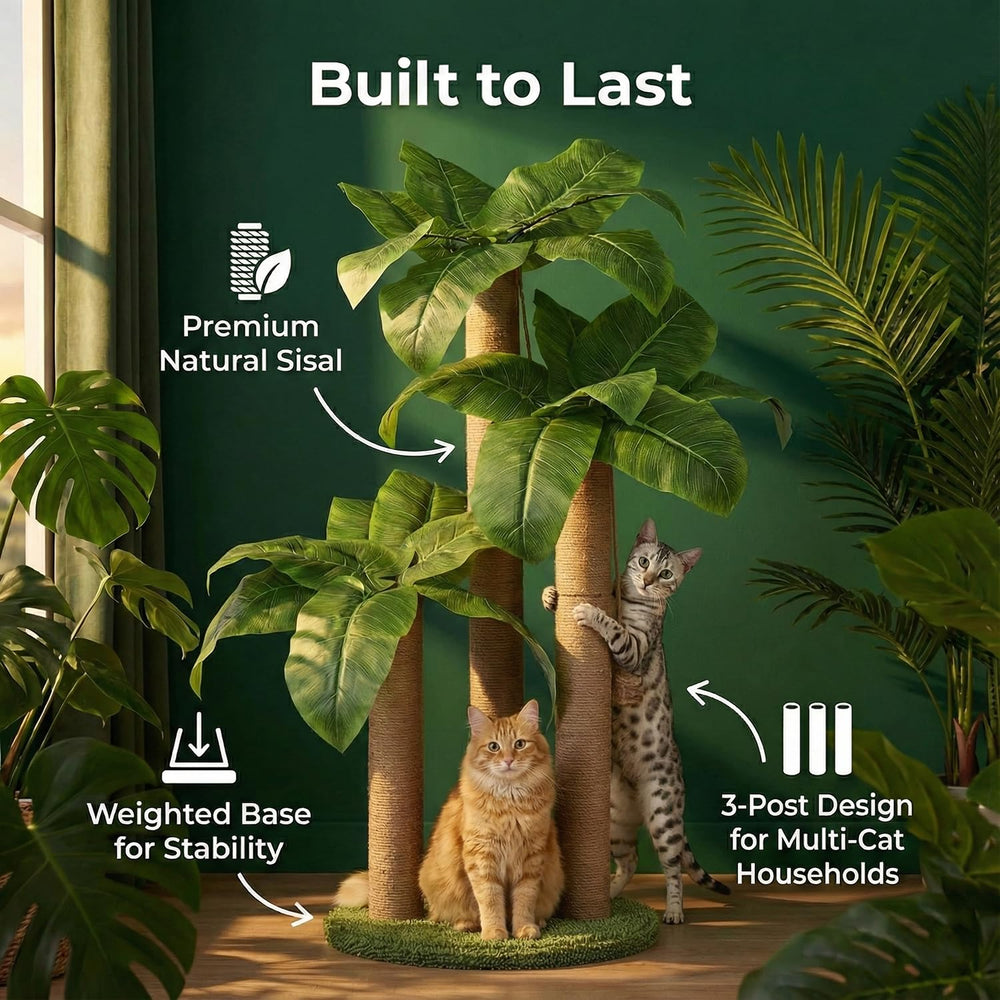 LEMONDA cat scratching tree with two dangling balls for interactive play and exercise.