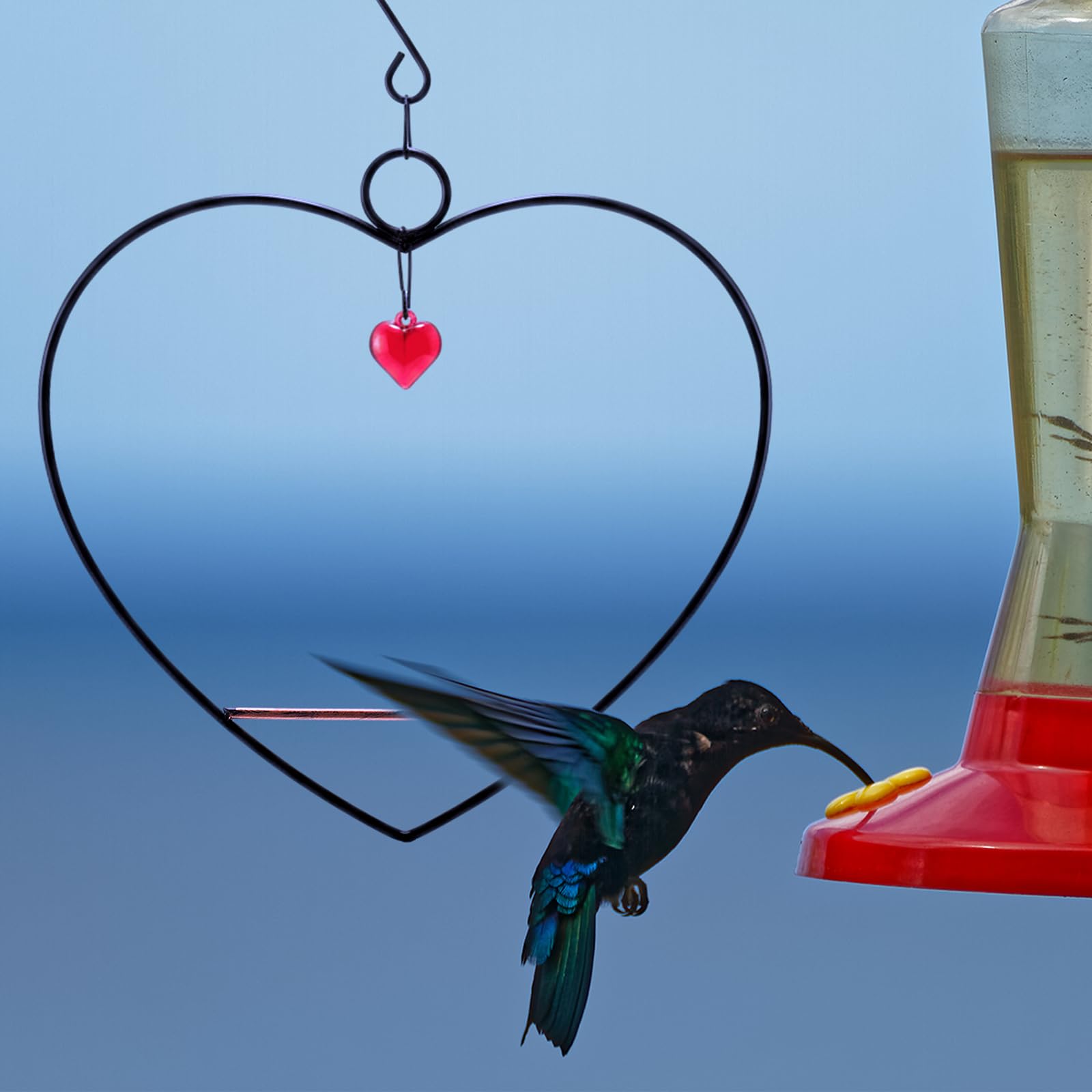 LemonRoad hummingbird swing close-up shows red beads and heart ornament for color appeal.