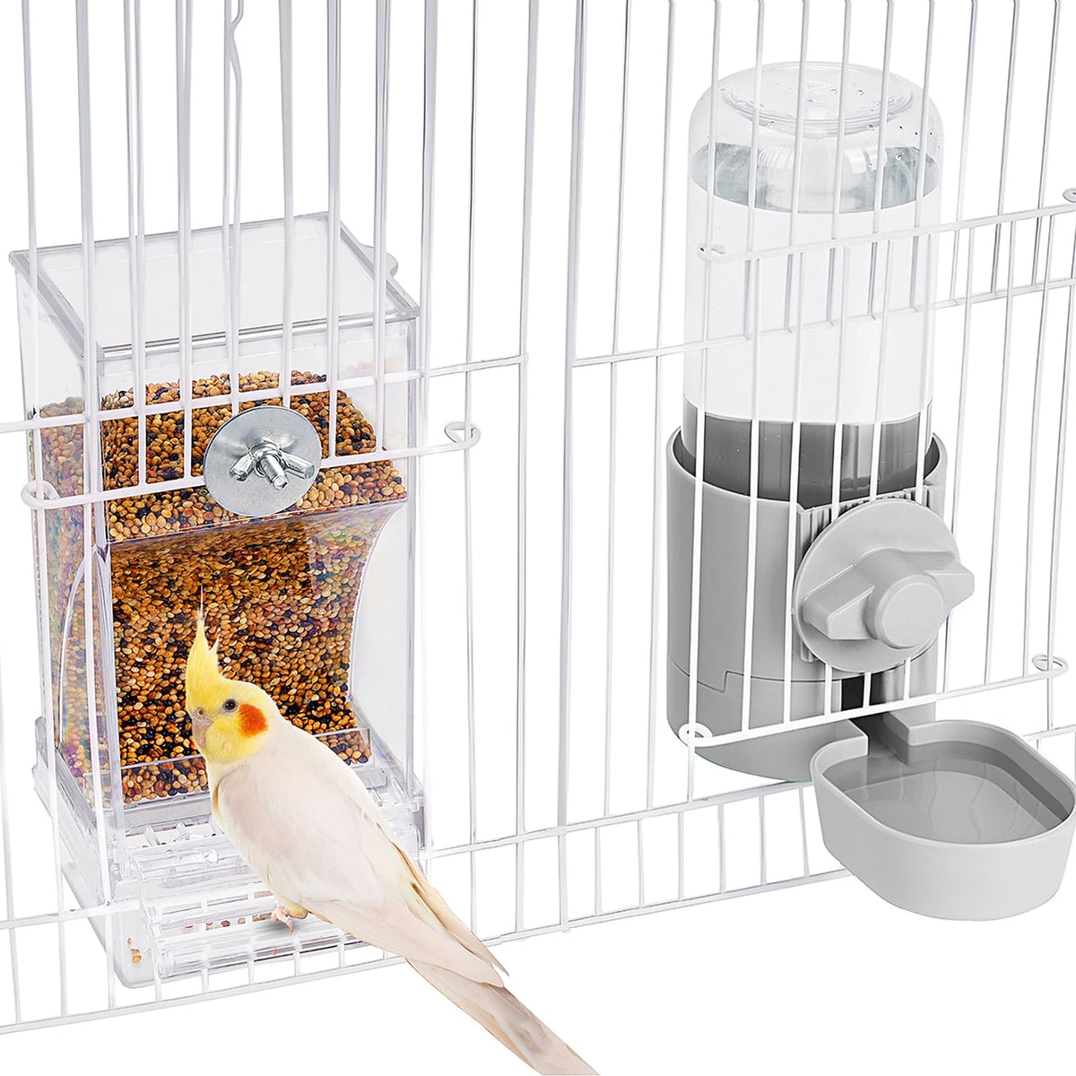 lemtrflo no-mess bird feeder outside cage showing clean setup and easy access